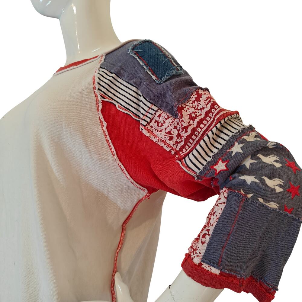 Free People We The Free Patchwork Raglan Tee Red Blue Size M - Picture 2 of 5